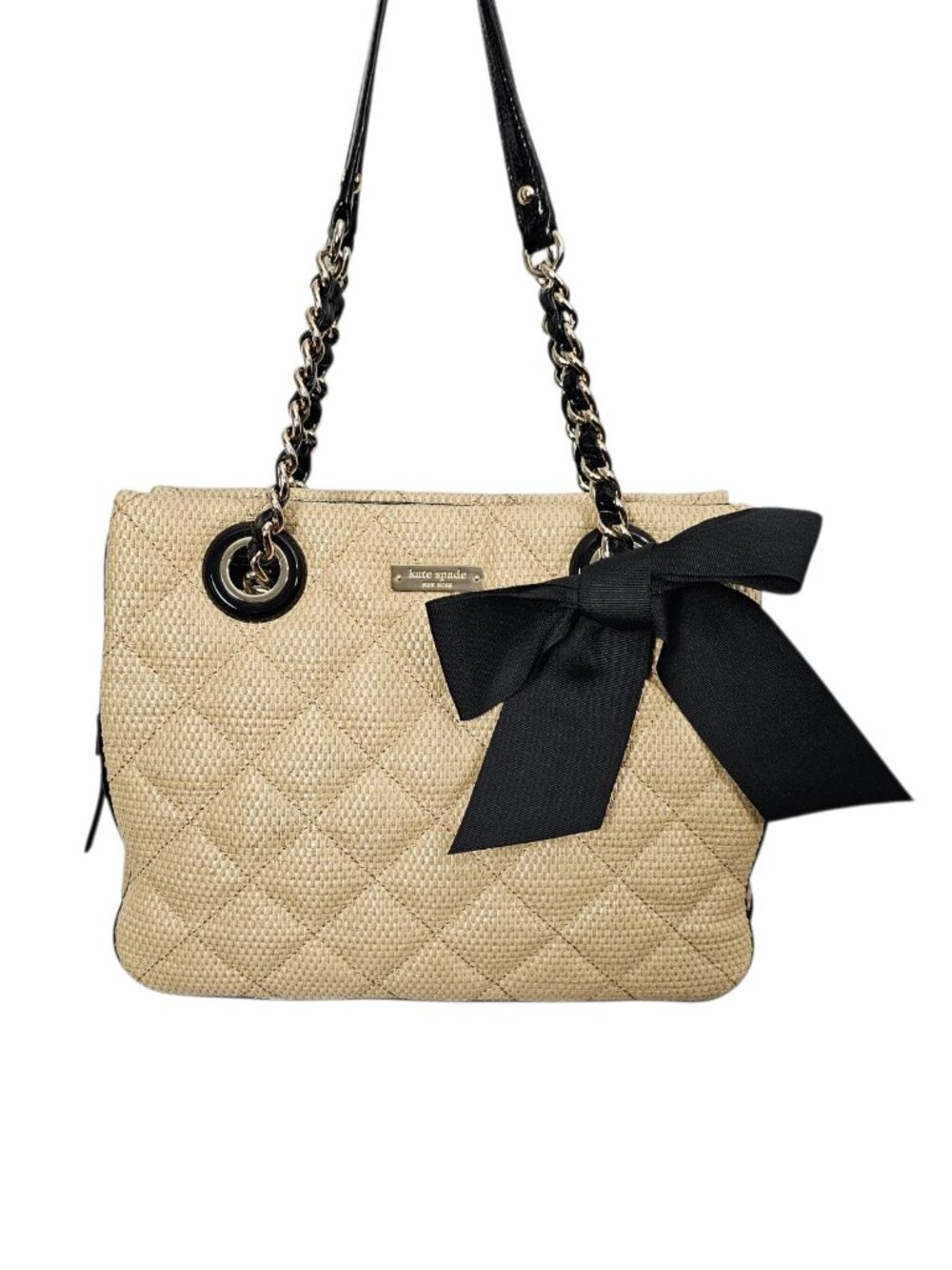 Kate Spade New York Mount Perry Quilted Straw Helena Bow Tote Handbag COA Beige